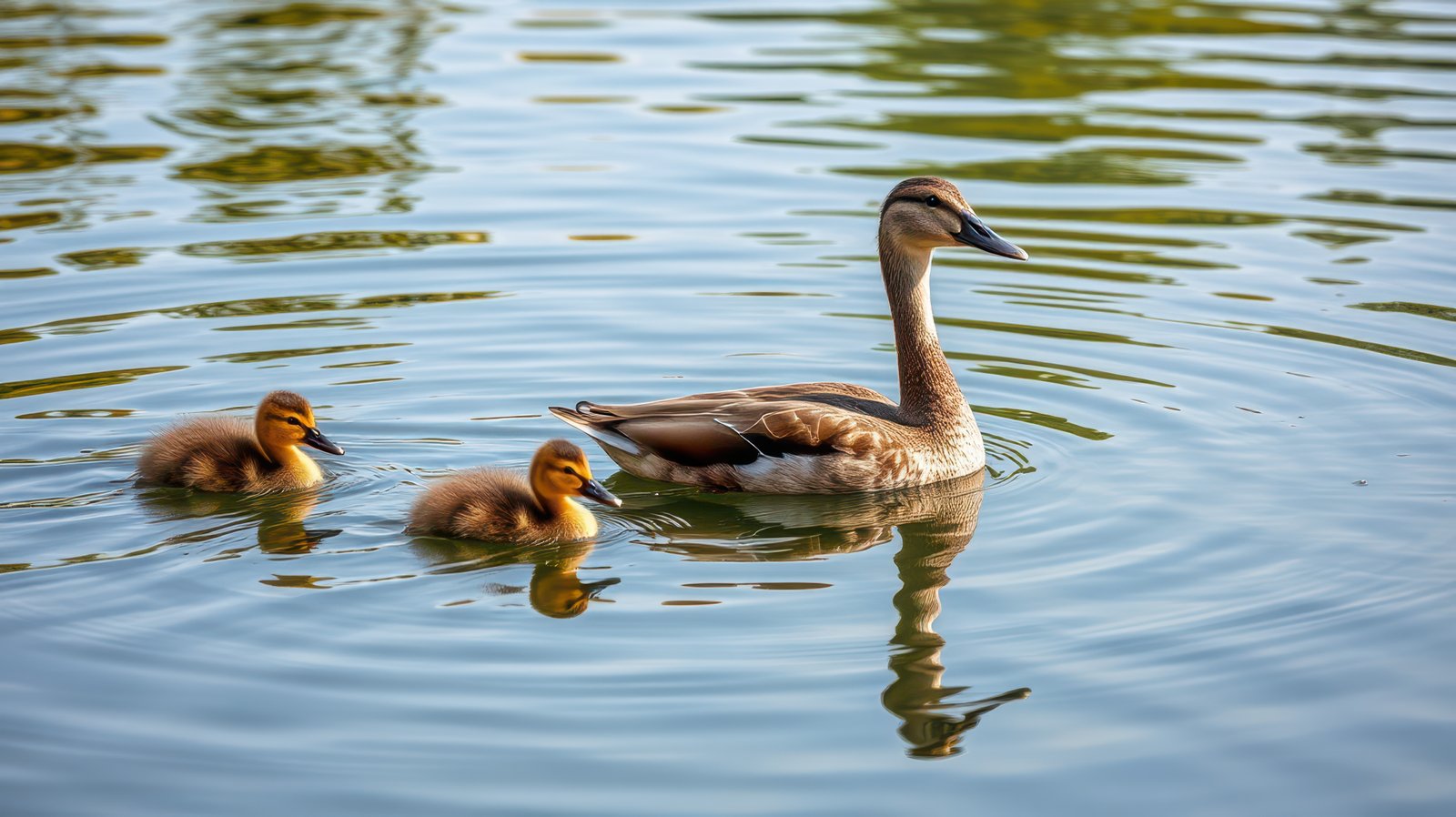 Mother duck swims with her adorable ducklings in a serene pond during a sunny day